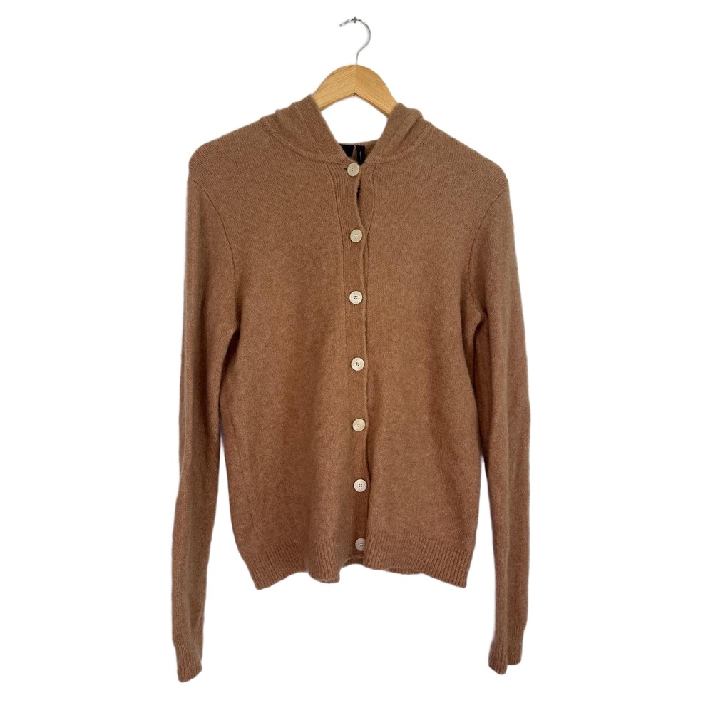 Theory Hooded Cardigan Womens Small Camel Button Front Ribbed Cozy Knit Cashmere